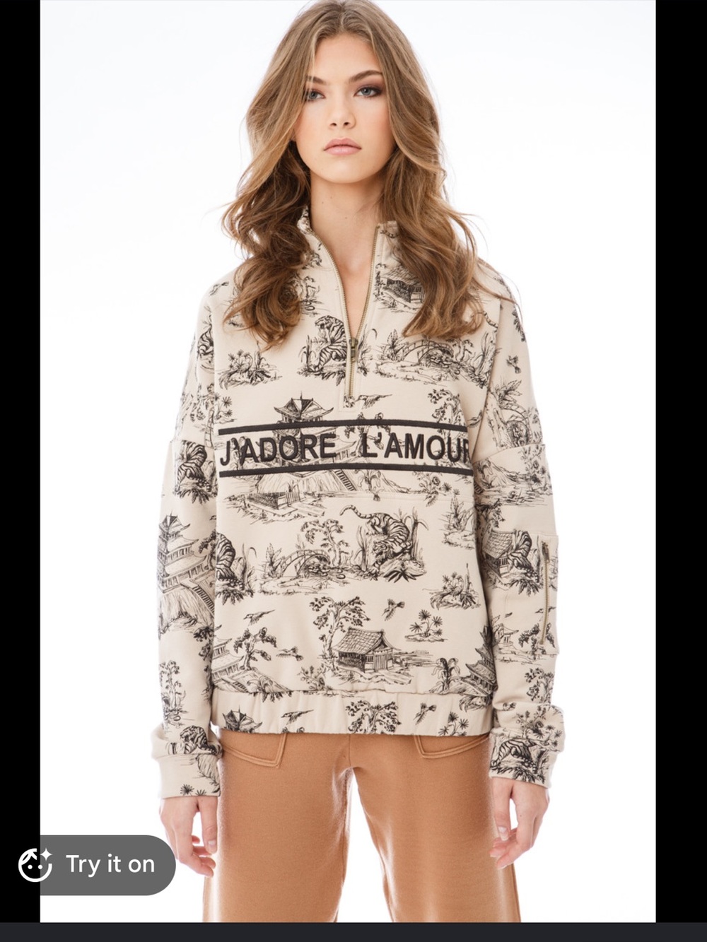 J'Adore L'Amour Beige Printed Quarter-Zip Sweatshirt
